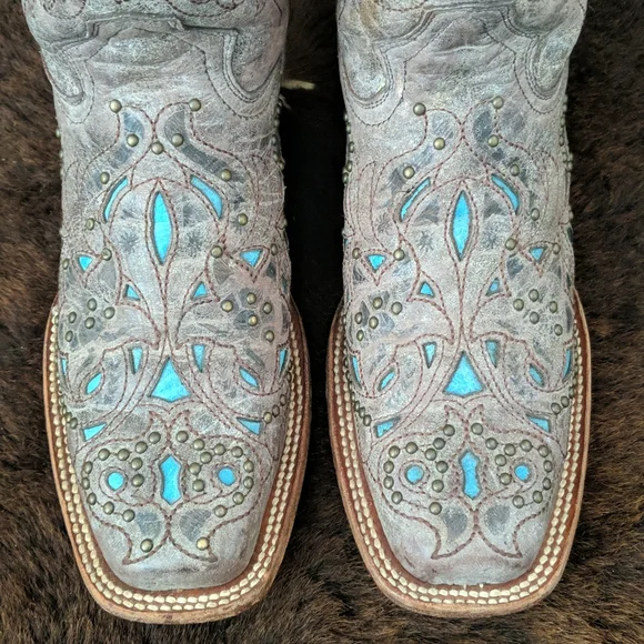 CORRAL A1149 brown studded leather cowgirl western boots turquoise inlay sz 7 - Picture 11 of 16